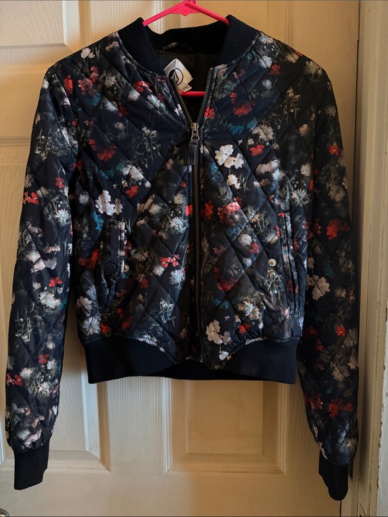 Volcom Other - Volcom Navy Quilted Floral Bomber Jacket with Red & White Accents